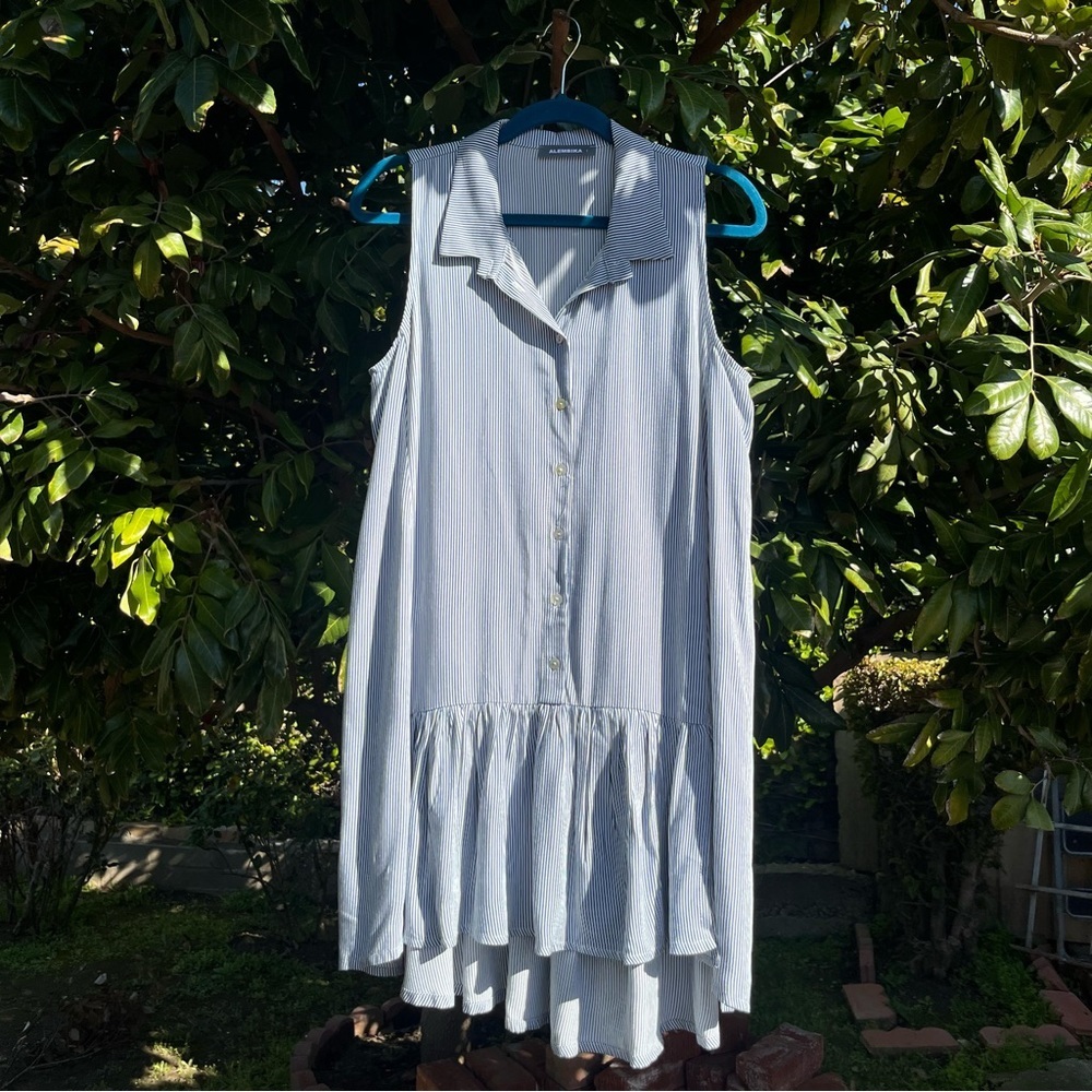 ALEMBIKA blue white striped viscose button up sleeveless tunic top dress‎